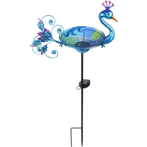Outdoor Bird Bath Solar Birdbath Small Birdfeeder with Peacock Metal Stake